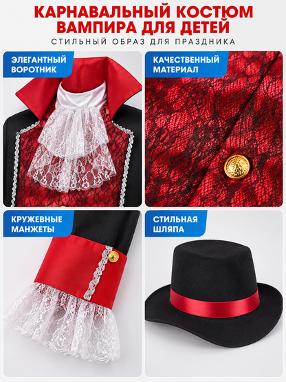 Gothic-Style Vampire Carnival Costume with Hat detail view