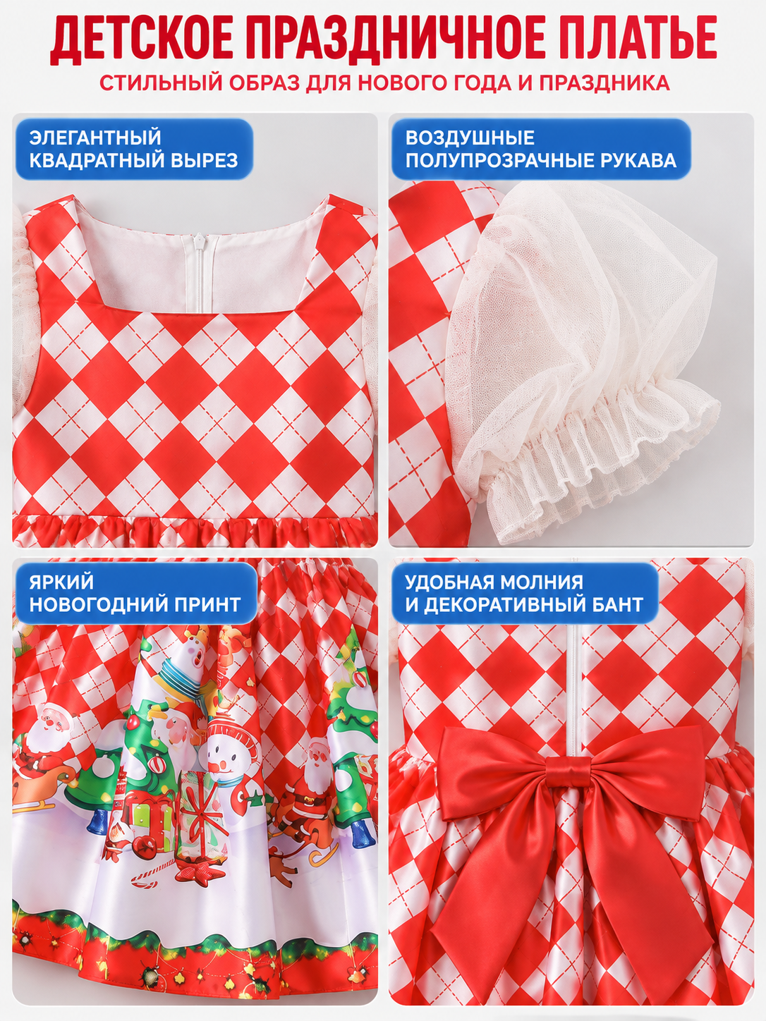 Kids' Holiday Dress Red with Christmas Print