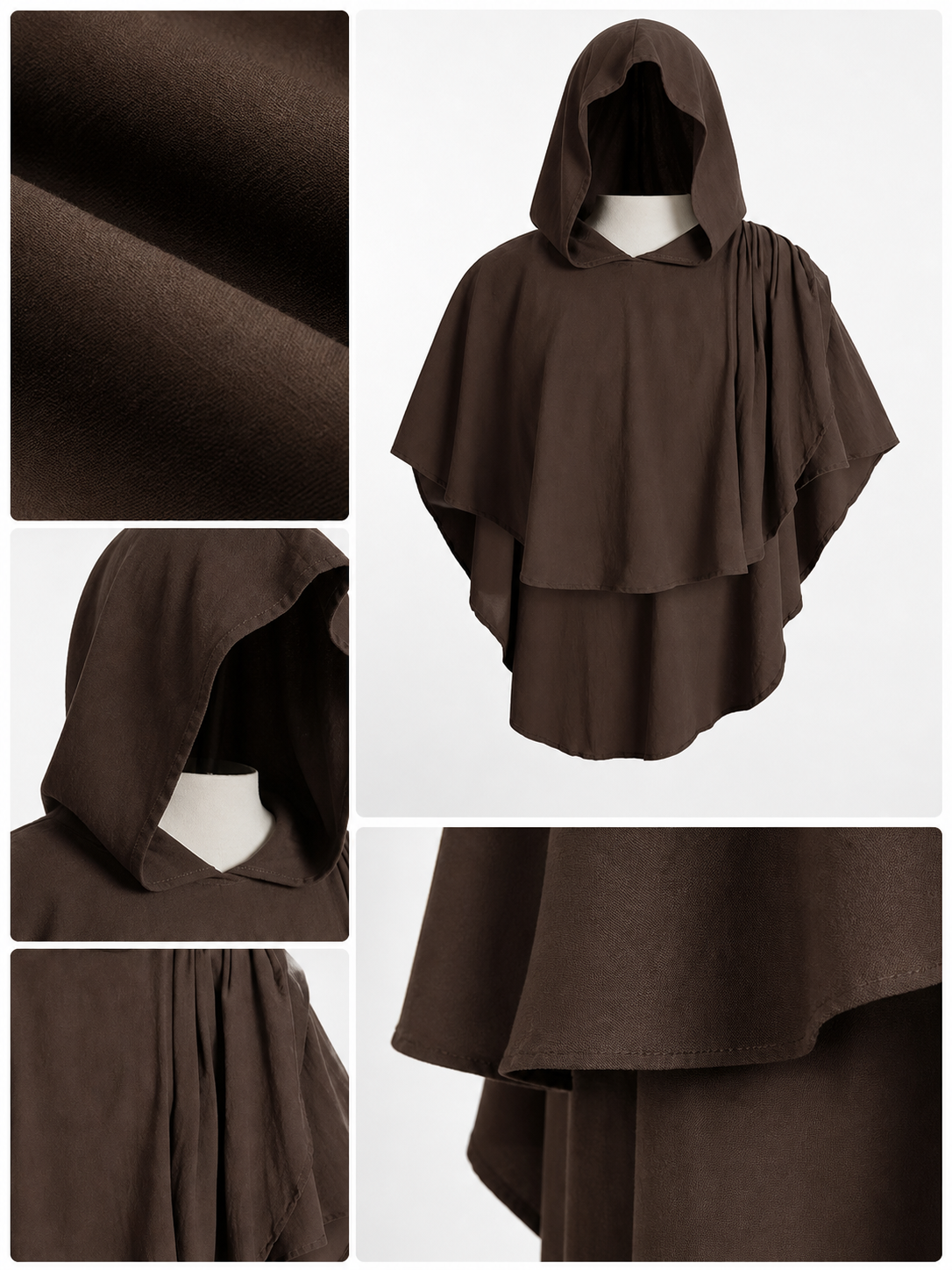 Medieval Fantasy Hooded Cloak Costume, Dark Brown Draped Layered Poncho, 1-Piece Outfit For Cosplay And Theme Events