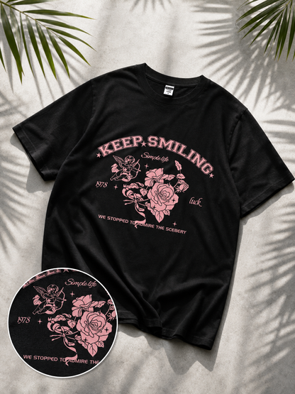 Women's black T-shirt with rose and angel print, loose fit