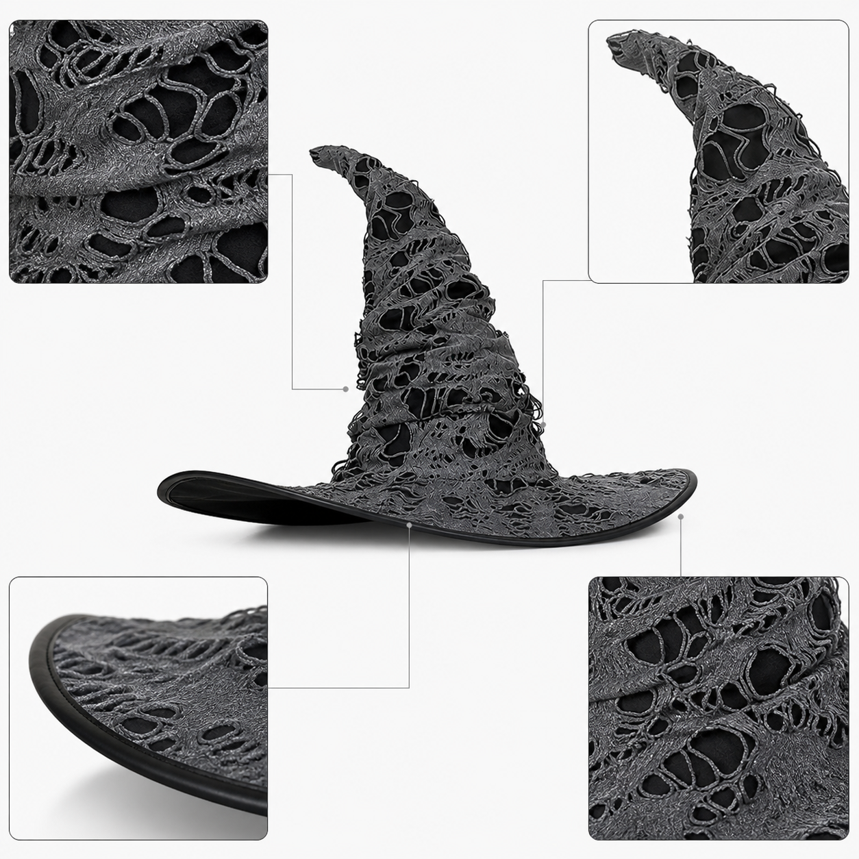 Gray Black Halloween Witch Hat For Women Wide Brim Curved Pointed Tattered Torn detail view 2