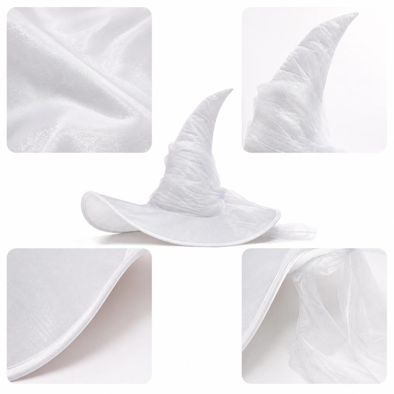 White Halloween Witch Hat With Wide Floppy Brim, Sheer Layered Fabric, Curved Pointed Crown And Trailing Veil For Cosplay Costume Party