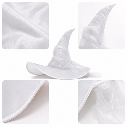 White Halloween Witch Hat With Wide Floppy Brim, Sheer Layered Fabric, Curved Pointed Crown And Trailing Veil For Cosplay Costume Party