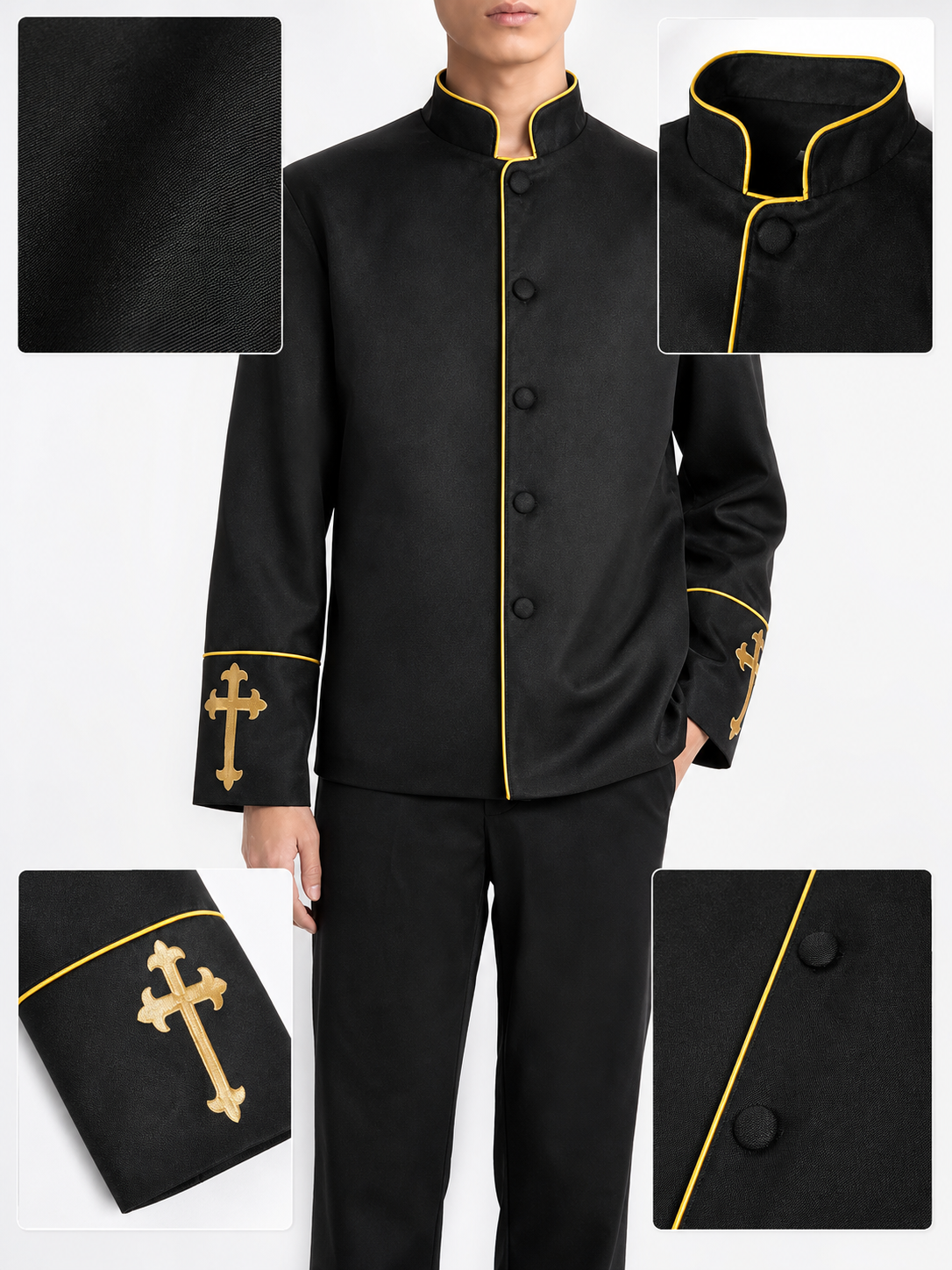 Black stand-collar jacket with gold trim