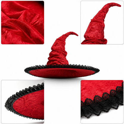 Red and Black Wide Brim Witch Hat, Tall Curved Pointed Top with Black Lace Trim detail view 2