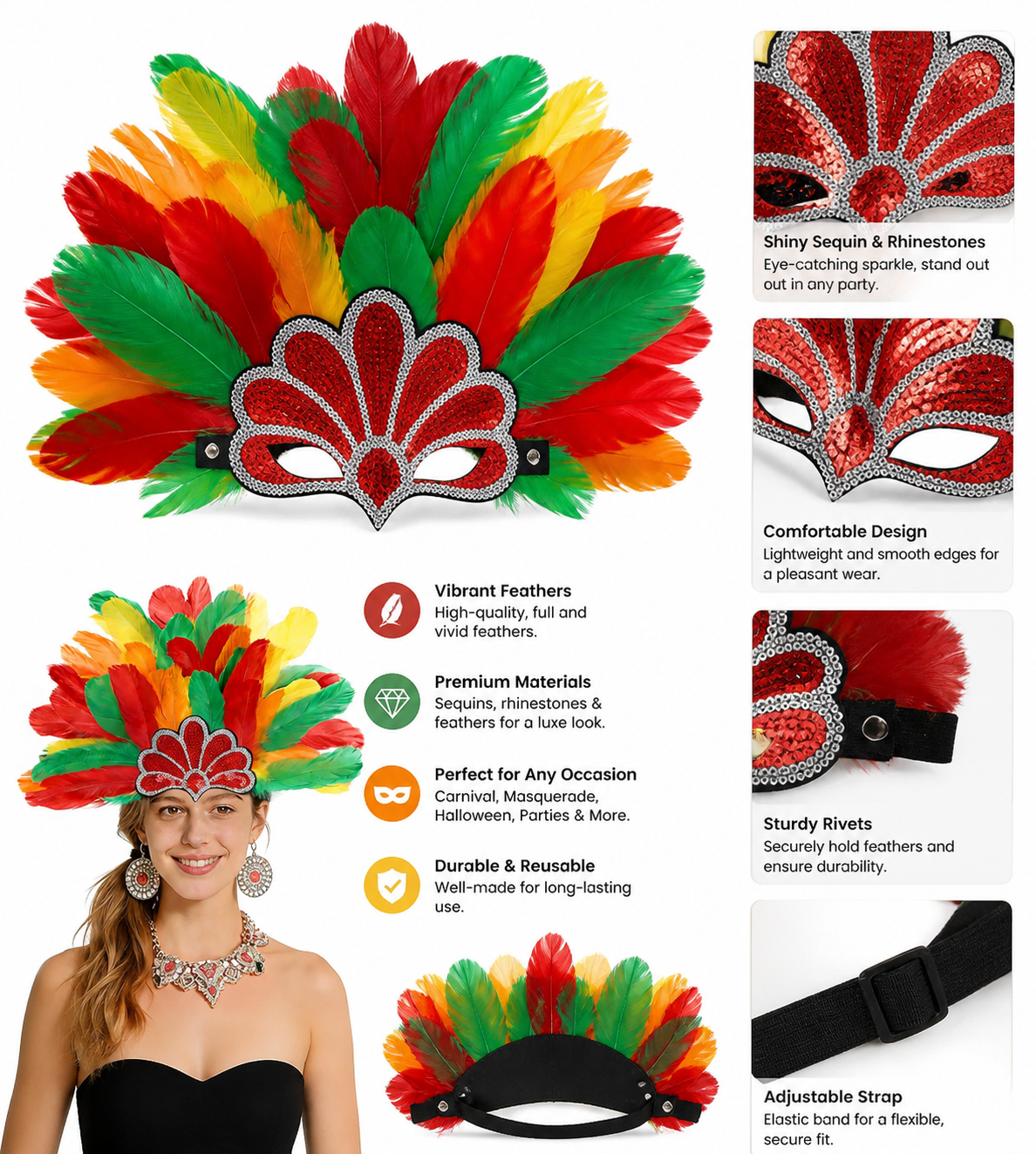 Carnival Headpiece with Multicolored Feathers detail view