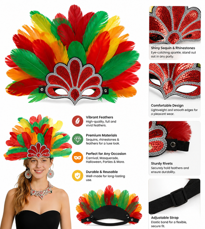 Carnival Headpiece with Multicolored Feathers detail view