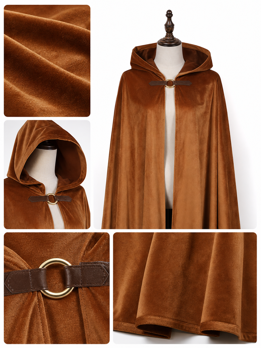 Halloween Medieval Warrior Hooded Cloak, Dark Brown Open Front Cape With Ring Clasp And Bow Strap For Cosplay Performance