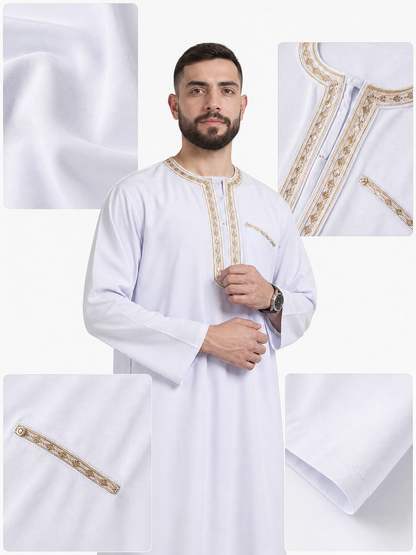 Men's White Traditional Islamic Robe with Gold-Toned Embroidered Trim, Long Sleeves, Collarless Neckline for Prayer and Formal Occasions