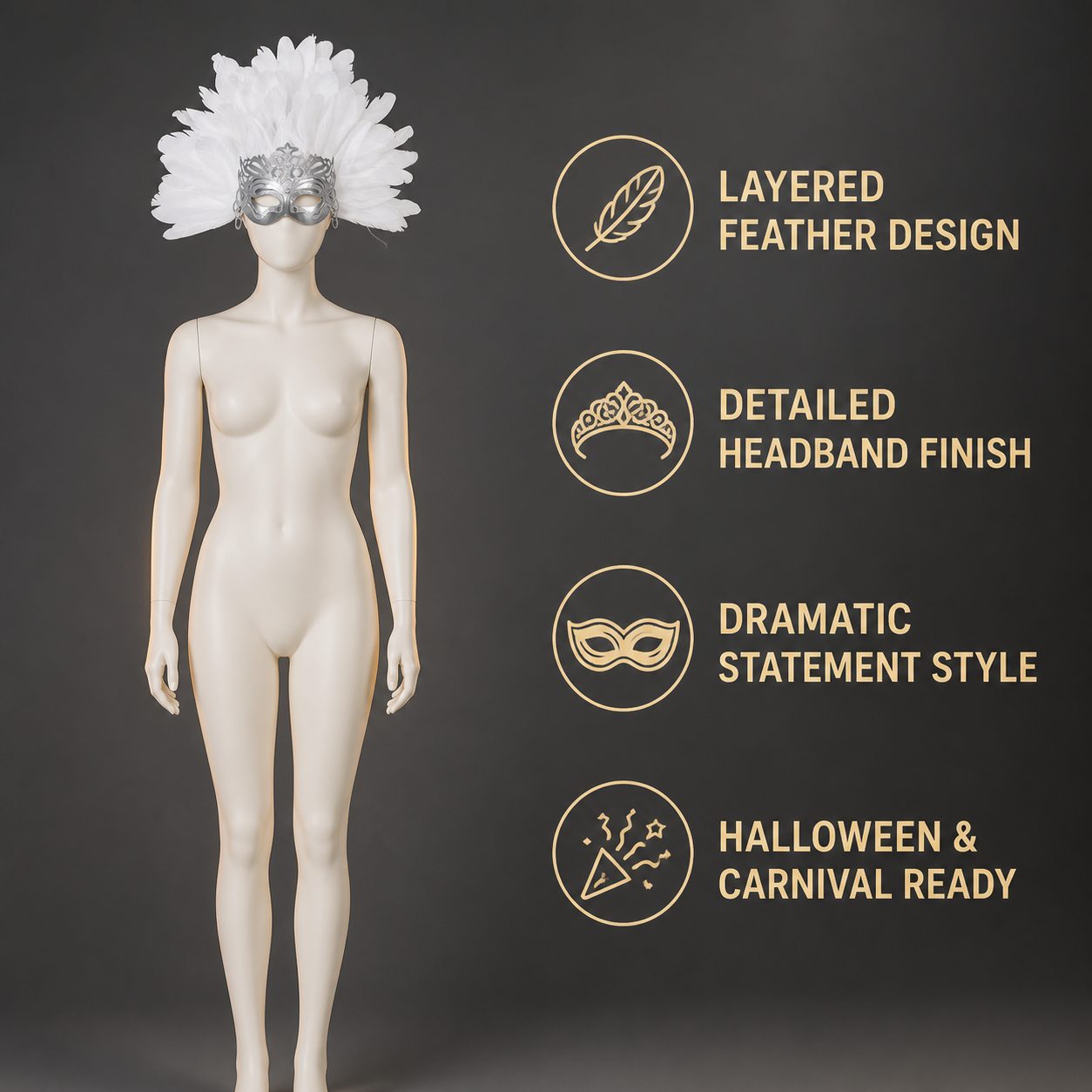 1pc White Feather Mask with Silver Lace Hollow Out, Crown Headdress for Vintage detail view 3