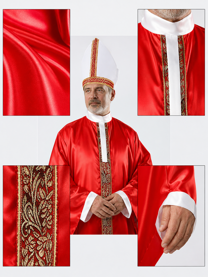 Papal-Style Ceremonial Costume Set With Red Robe, White Undergarment And Pointed Mitre Hat For Stage, Film And Themed Events