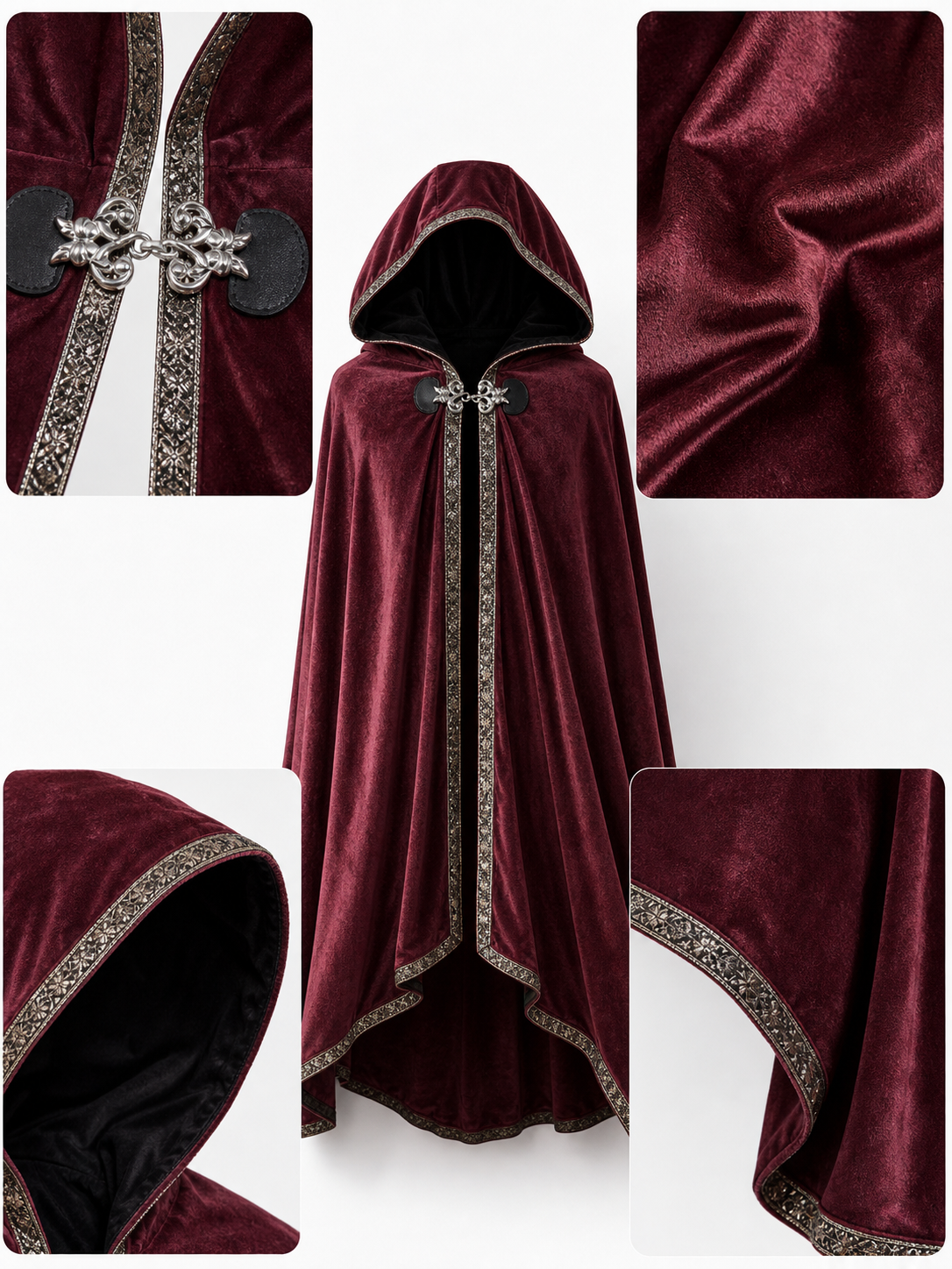 Burgundy velvet-look hooded costume cape product view 69