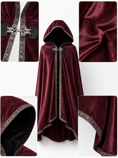 Burgundy velvet-look hooded costume cape product view 69