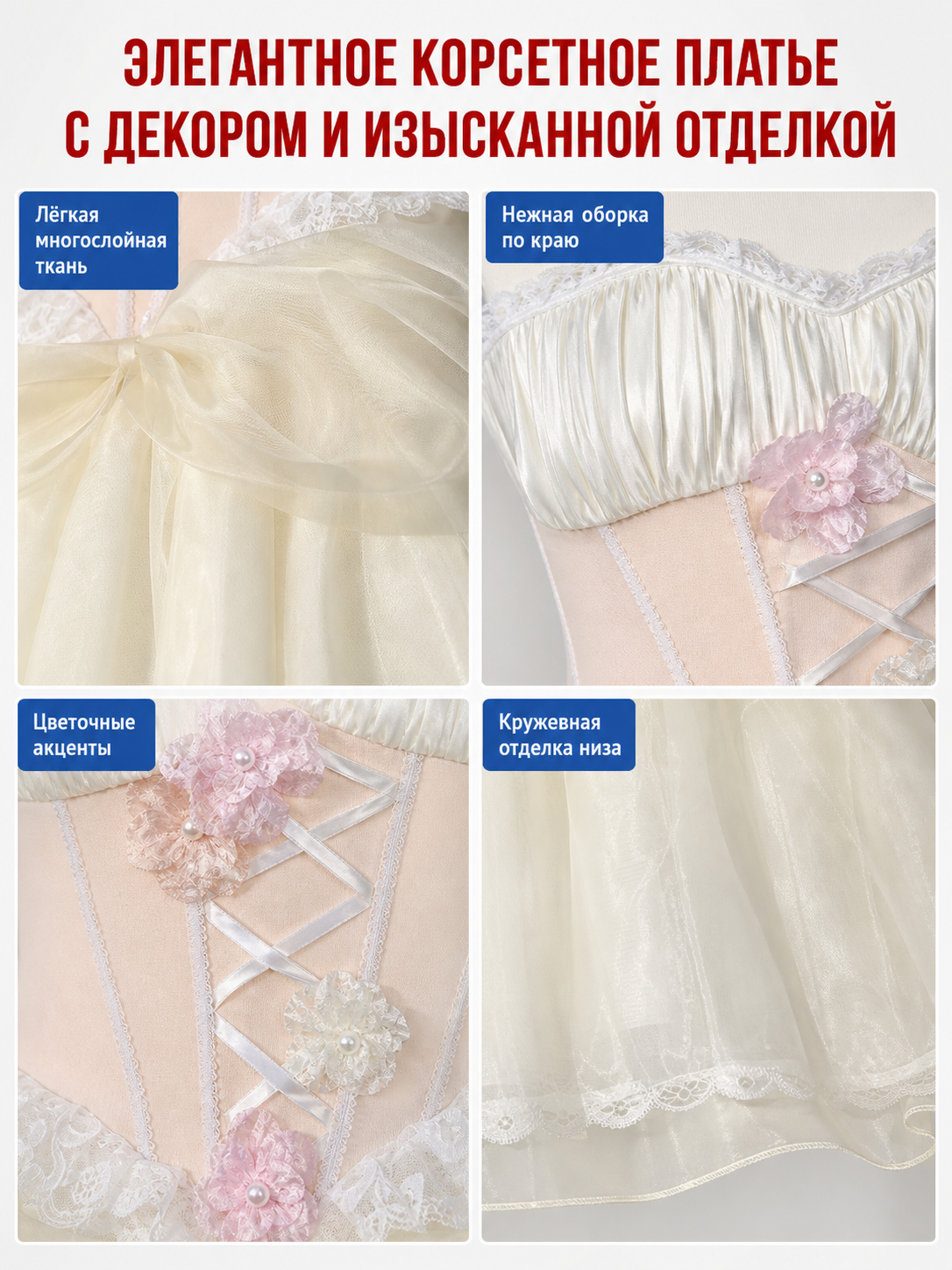 Carnival Dress with Corset, Flowers, and Train detail view