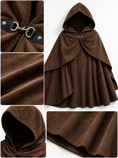 Medieval Fantasy Hooded Cloak, Deep Brown Long Draped Cape with Overlapping Front and Pointed Hem for Role Play, Stage Styling and Outdoor Wear
