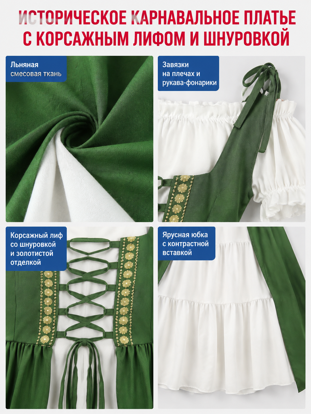 Historical Costume Dress with a Corset-Style Bodice detail view