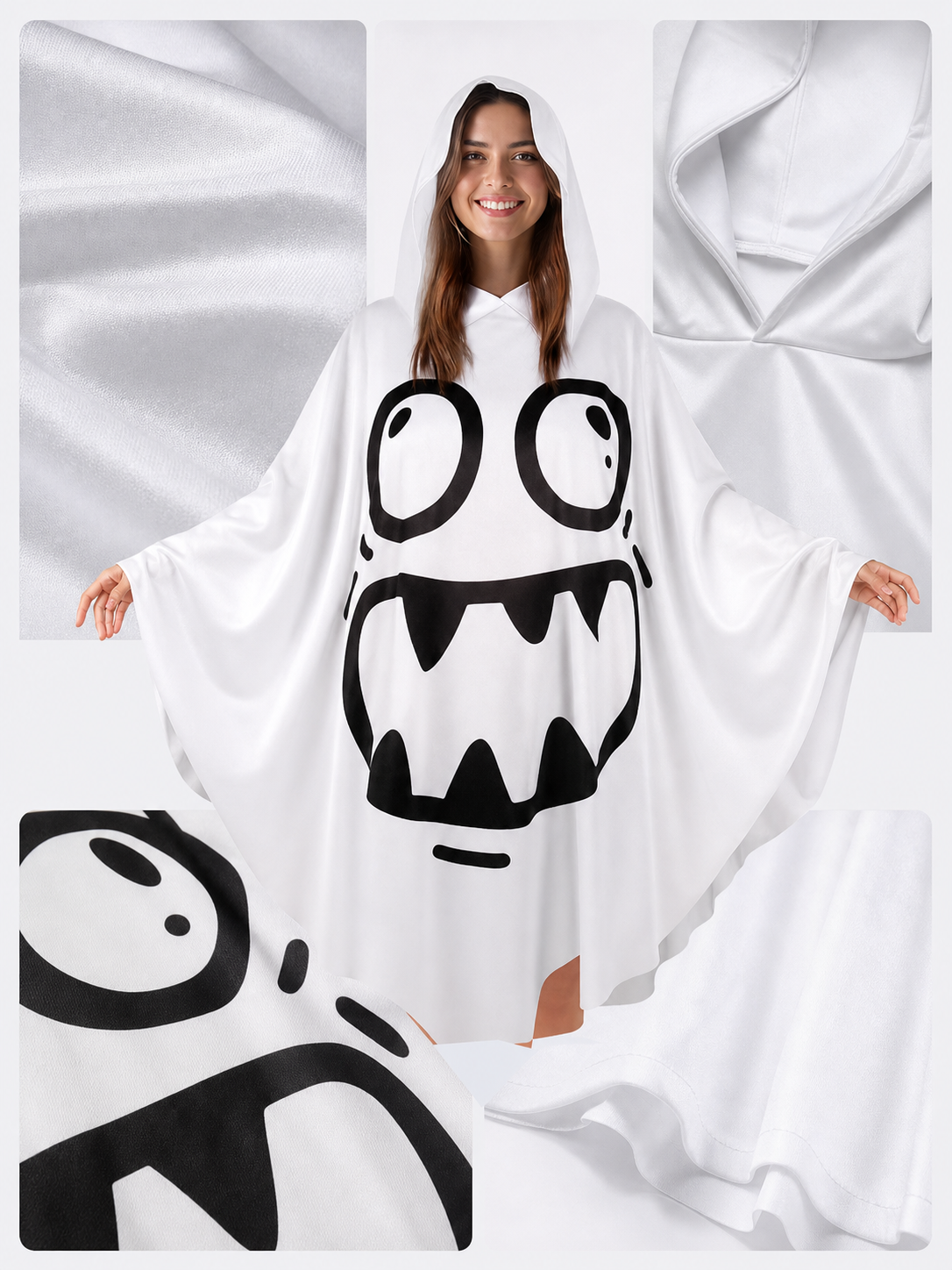 Halloween Ghost Costume, Hooded Poncho-Style Outfit With Cartoon Face, Wide Draped Sleeves For Parties And Themed Events
