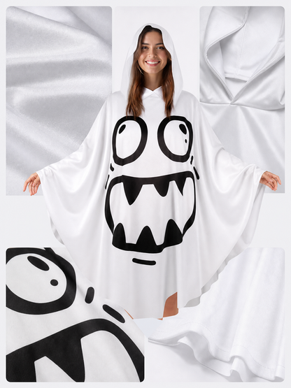 Halloween Ghost Costume, Hooded Poncho-Style Outfit With Cartoon Face, Wide Draped Sleeves For Parties And Themed Events