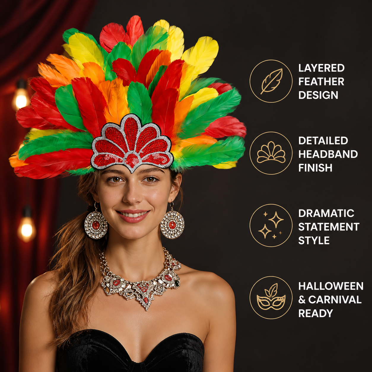 Carnival Headpiece with Multicolored Feathers detail view 6