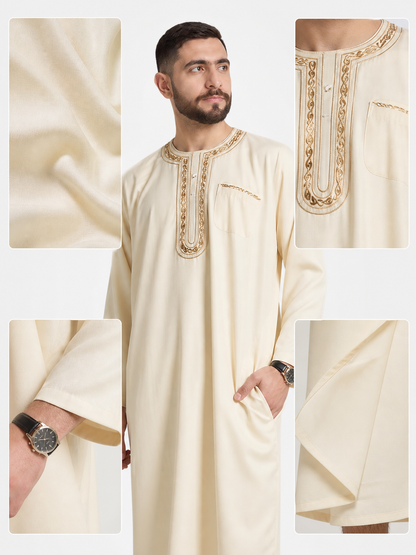 Men's Islamic-Inspired Long Tunic Robe, Embroidered Round Neck, Long Sleeve, Ankle-Length Loose Fit with Side Pocket
