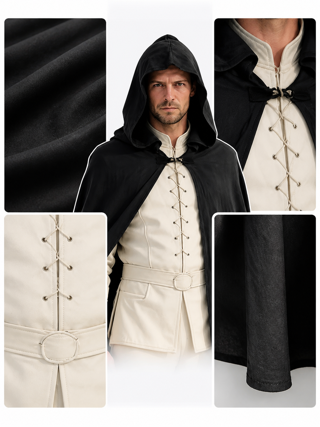 Black Long Hooded Cotton-Linen Cloak detail view