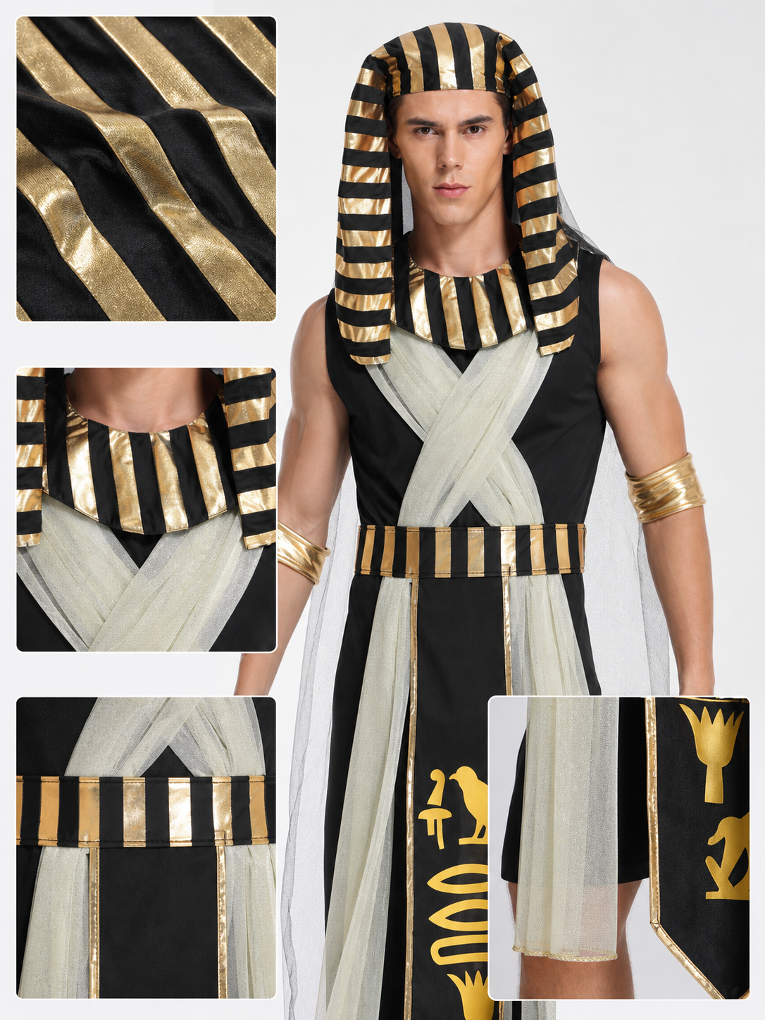 Men’s Egyptian Pharaoh Halloween Costume Set, 4-Piece Role Play Outfit with Headpiece, Neck Ornament and Belt for Cosplay Stage Performance