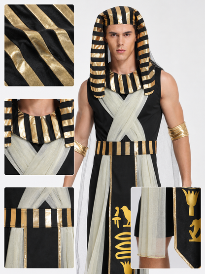Men’s Egyptian Pharaoh Halloween Costume Set, 4-Piece Role Play Outfit with Headpiece, Neck Ornament and Belt for Cosplay Stage Performance