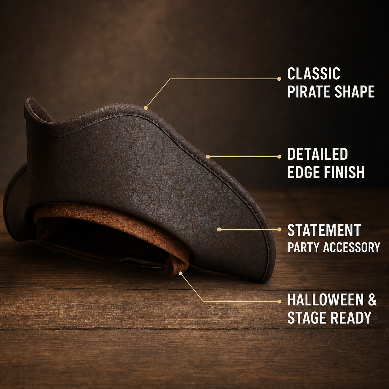 Women's Pirate Hat for Costume Parties, Cosplay and Themed Events, Tall Curved Crown, Wide Asymmetrical Brim, Dark Brown to Black Textured Design
