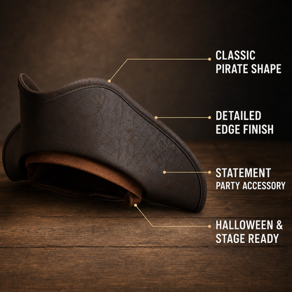 Women's Pirate Hat for Costume Parties, Cosplay and Themed Events, Tall Curved Crown, Wide Asymmetrical Brim, Dark Brown to Black Textured Design
