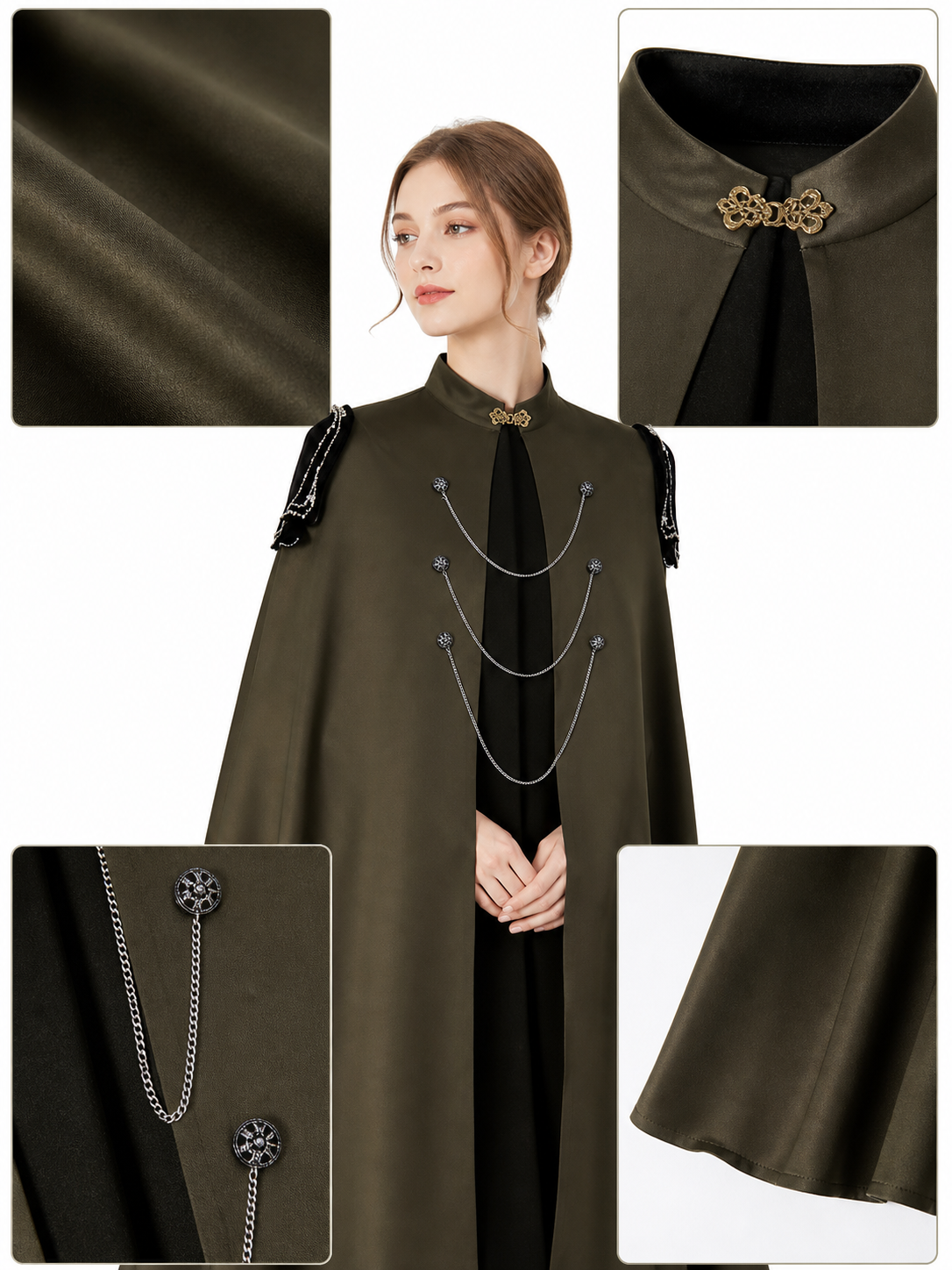 Medieval Gothic Cape Cloak, 1-Piece Sleeveless Stand Collar Front-Open Draped Costume With Metal Chain Details For Cosplay Role Play