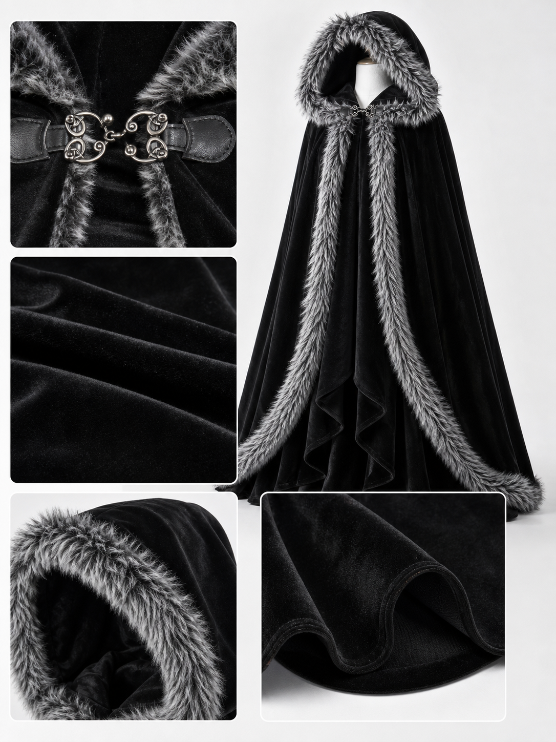 Black carnival cape with hood and shaggy trim
