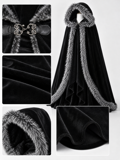 Black carnival cape with hood and shaggy trim