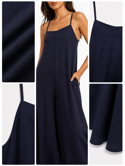 Blue Spaghetti Strap Wide Leg Jumpsuit, Sleeveless One-Piece Overalls With Long detail view 2
