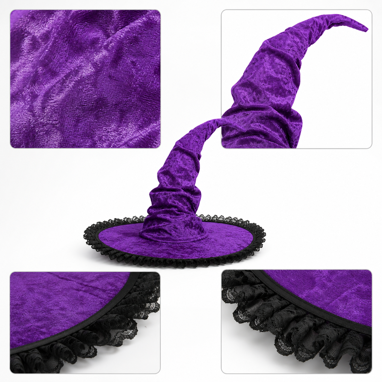 Halloween Witch Hat, Tall Curved Pointed Crown, Wide Irregular Brim, Deep Purple Gothic Style with Black Trim for Cosplay and Themed Parties