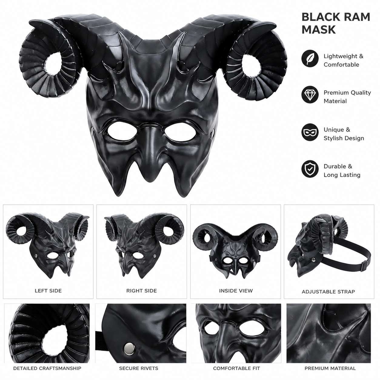 1pc Halloween Horned Demon Full-Face Mask with Curled Horns for Cosplay Party