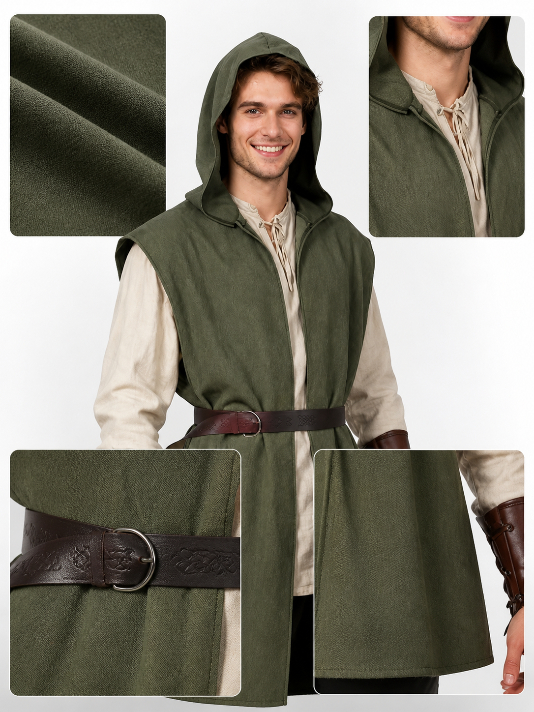 Medieval Fantasy Role Play Costume Set, 2-Piece Olive Green Hooded Sleeveless detail view 2