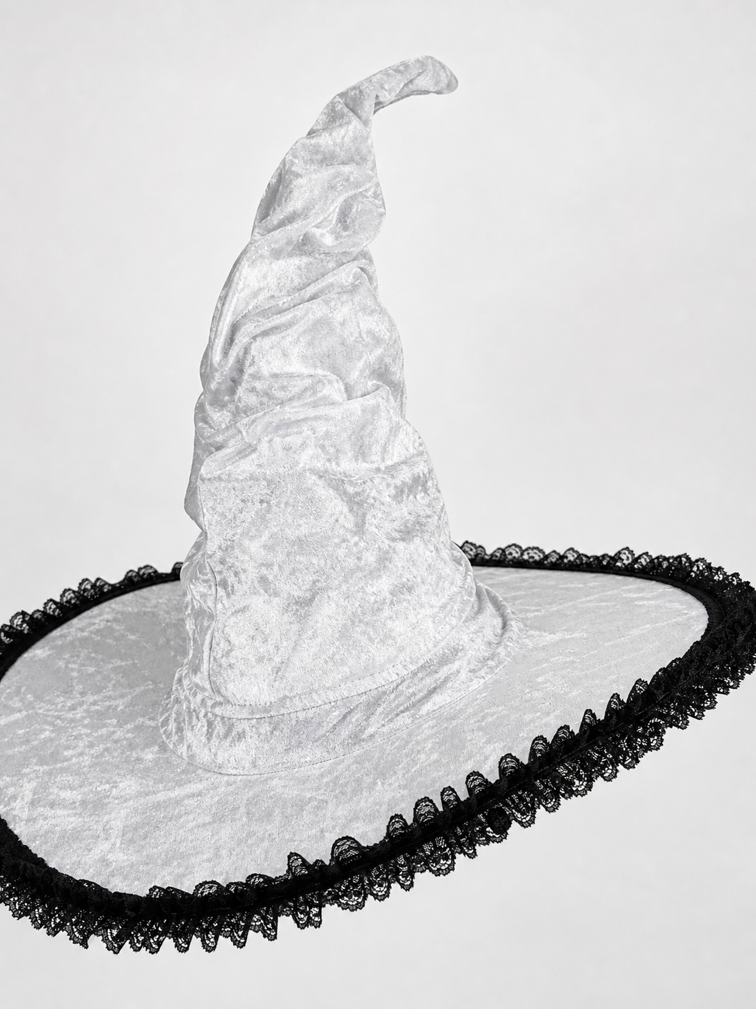 Light Gray White Halloween Witch Hat with Black Lace Trim, Tall Bent Pointed Crown and Wide Brim for Witch Cosplay Costume Party
