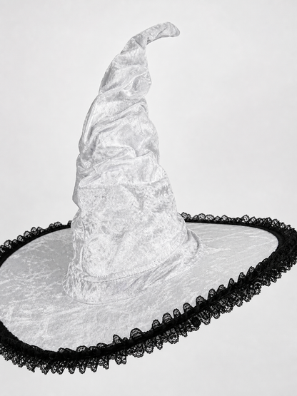 Light Gray White Halloween Witch Hat with Black Lace Trim, Tall Bent Pointed Crown and Wide Brim for Witch Cosplay Costume Party