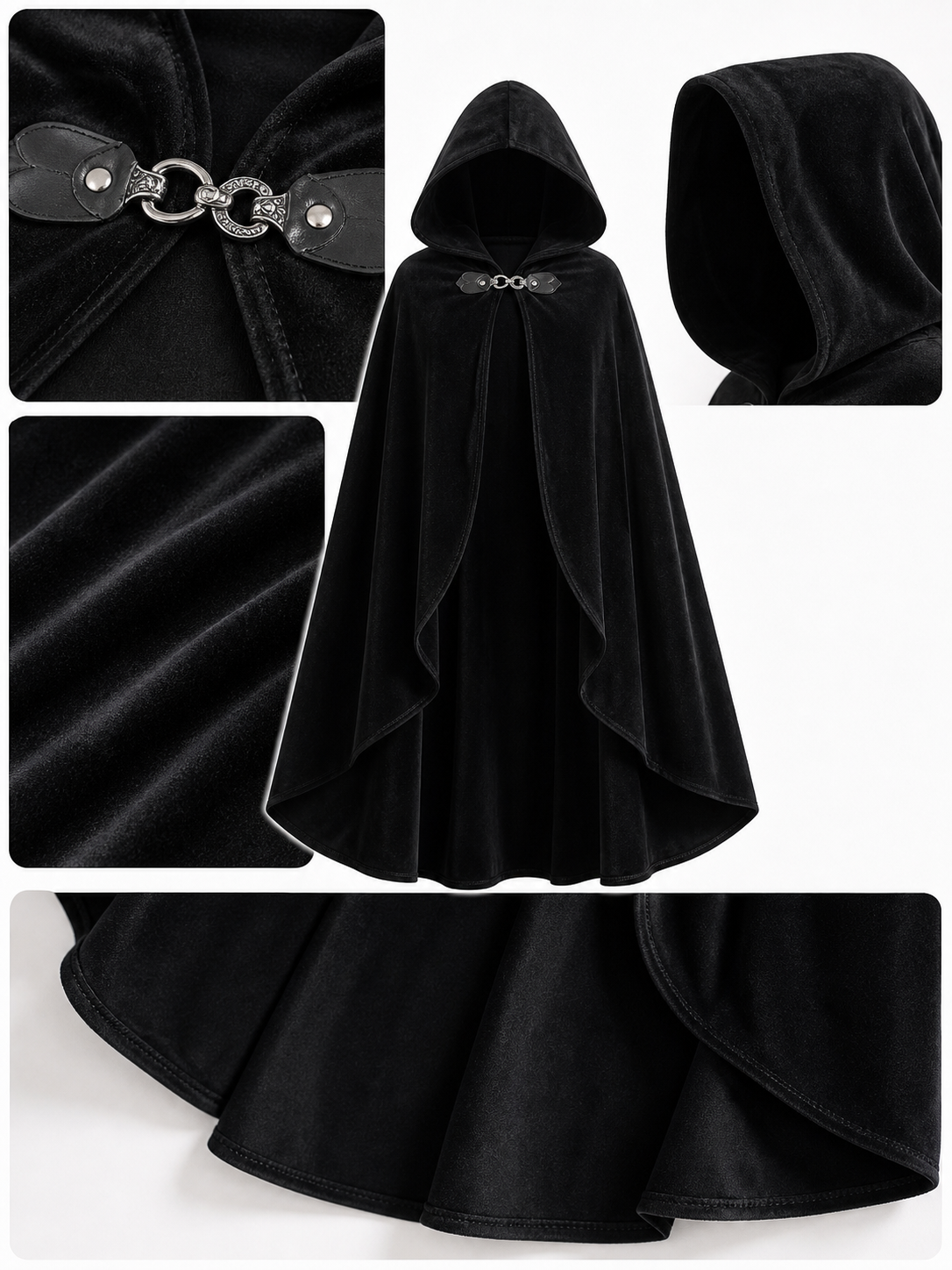 Black hooded medieval costume cloak product view 44