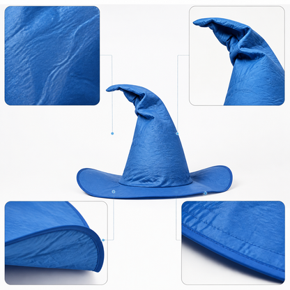 Blue Halloween Witch Hat, Wide Brim Curved Pointed Cap with Black Chin Strap detail view 2