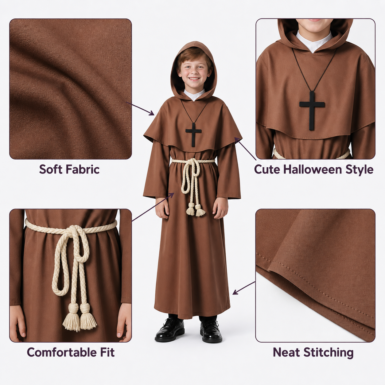 Brown hooded costume with cross