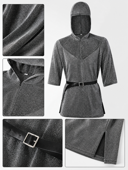 Medieval Ranger Cosplay Costume Set, Hooded Gray Top With Cape-Like Front Panel, Black Belt And Square Buckle For Role Play