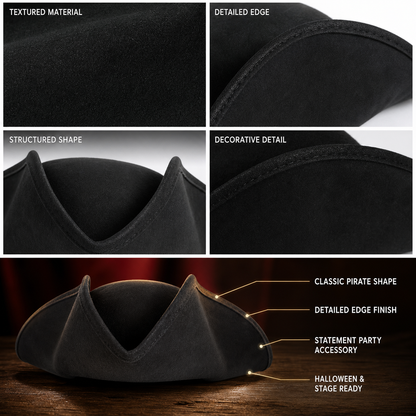 Children's Pirate Hat, Black Wide-Brim Tricorn Style Costume Hat with Turned-Up Sides, Pointed Crown Sections and Stitched Edging for Dress-Up Play and Costume Parties