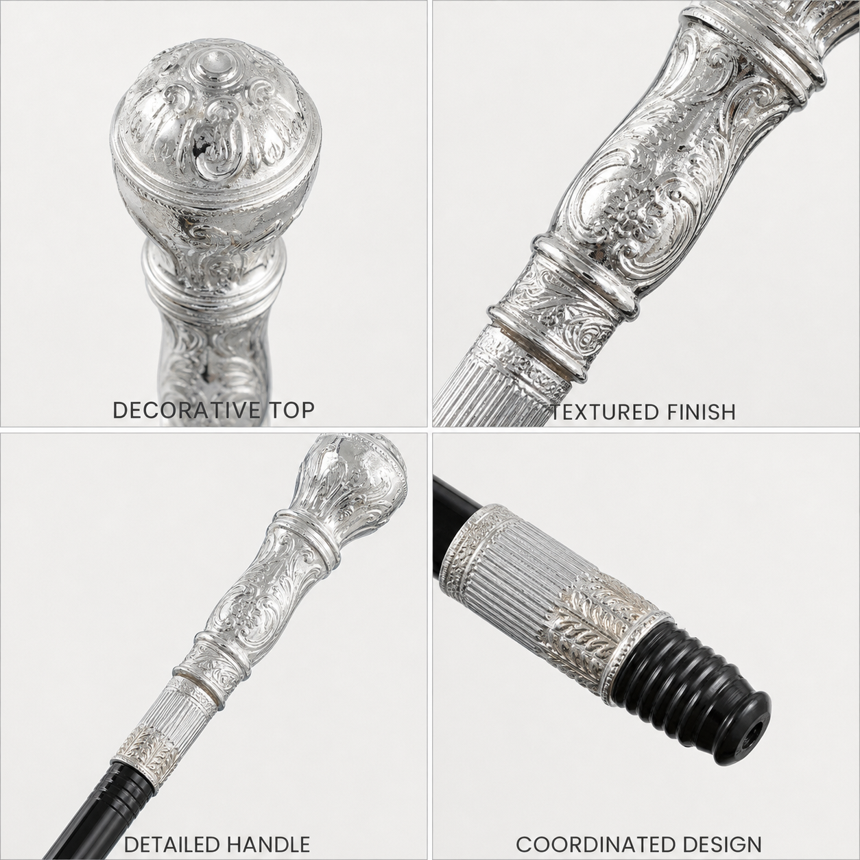 1pc Vintage Black And Bright Silver Carved Ball Handle Scepter Cane, Ornate detail view