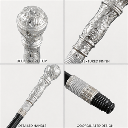 1pc Vintage Black And Bright Silver Carved Ball Handle Scepter Cane, Ornate detail view