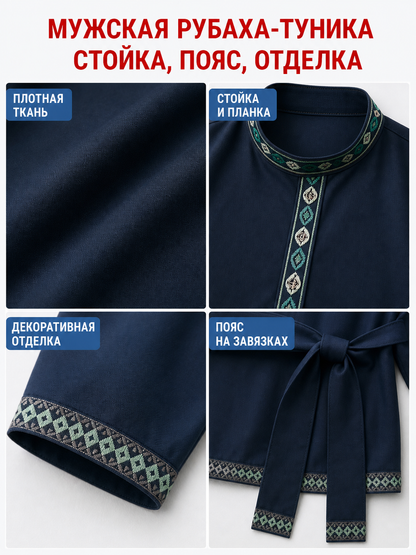 Tunic with a Belt and Embroidery, Dark Blue