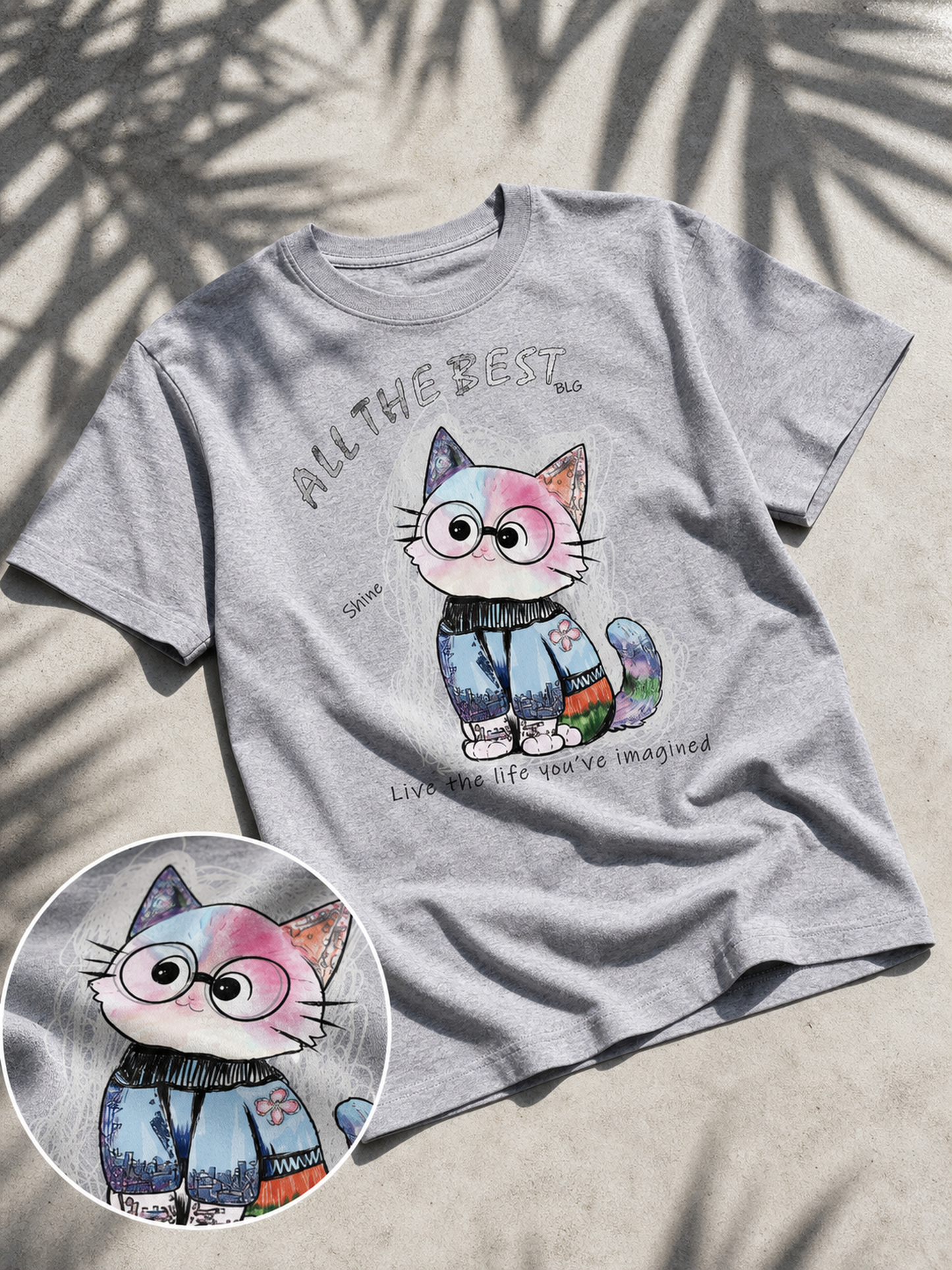 Women's Cat Print T-Shirt, Knit, Relaxed Fit