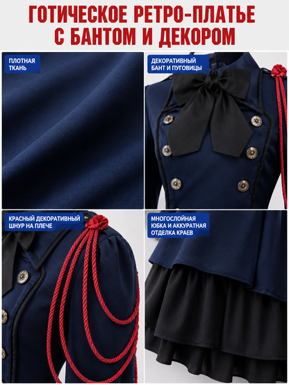 Gothic Retro Dress with Bow and Stand-Up Collar detail view