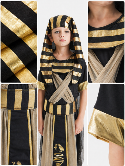 Adult Egyptian Pharaoh Costume Set, 4pcs Robe With Headdress Collar And Waist Belt, Black Gold Cosplay Outfit For Halloween Stage Performance