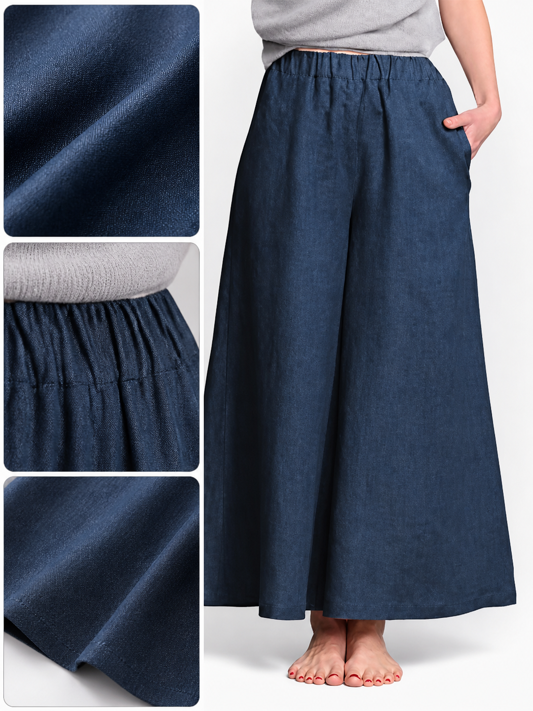 Information card showing close-ups of the dark blue fabric, gathered elastic waistband, wide leg, and hem